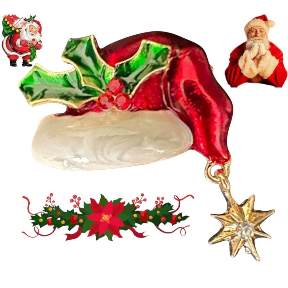 Santa Hat Brooch Pin Whimsical New  Christmas Dangle Star Holly Berry Le…